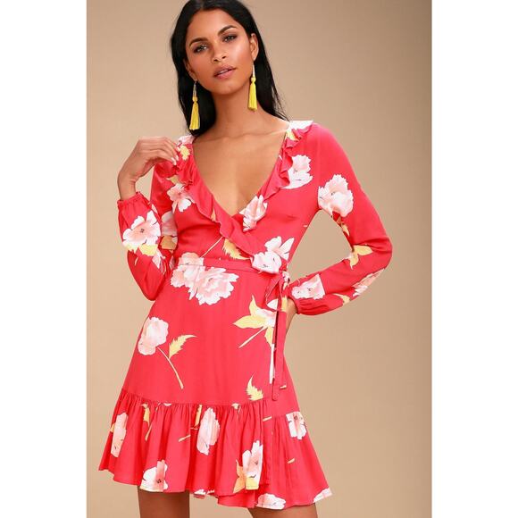 Billabong Size Medium Floral Print Ruff Girl Club Wrap Dress Red - Picture 3 of 8
